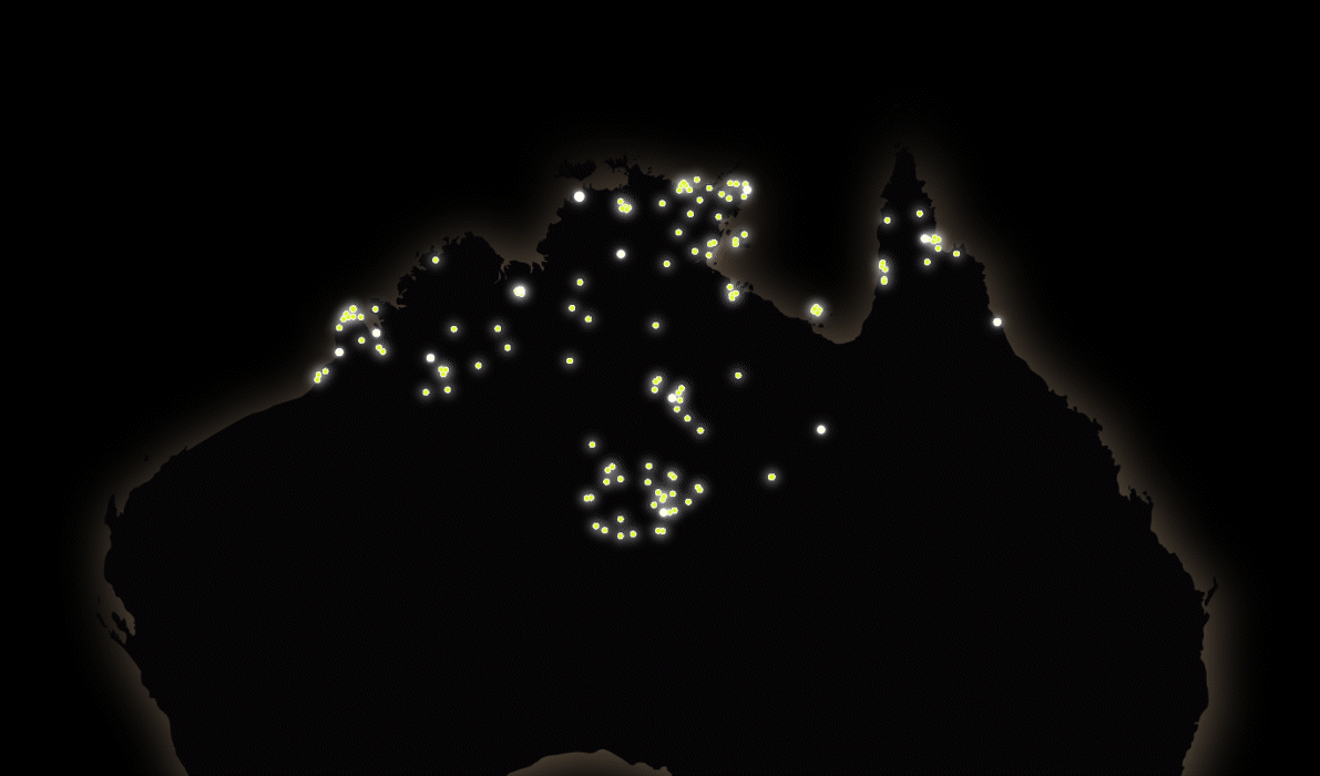 Image of Australia showing where all of the bushlights have been installed