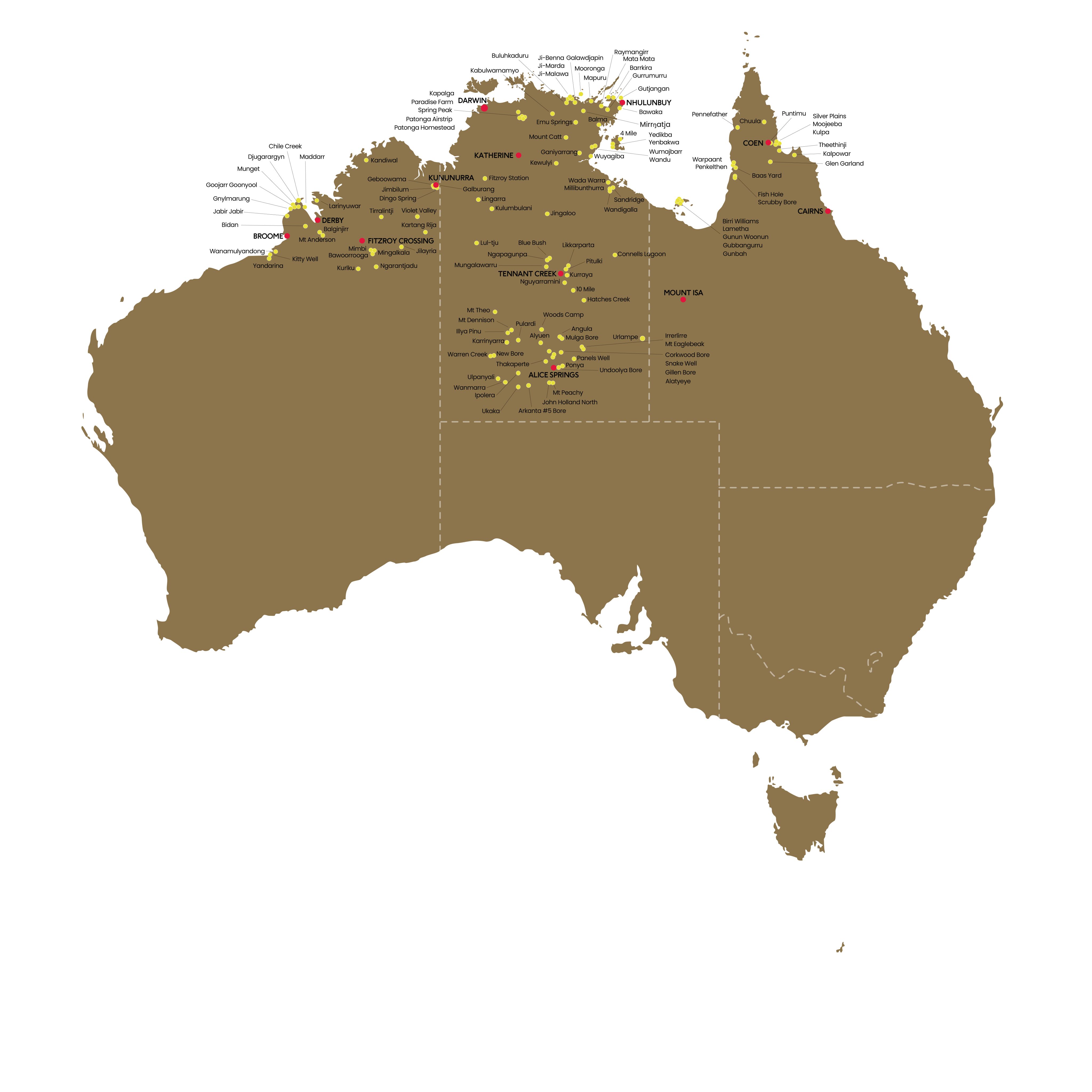 Image of Australia showing where the 150 plus bushlights are located