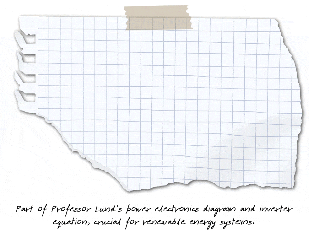Image showing part of Professor Lund's power electronics diagram and inverter equations, crucial for renewable energy systems