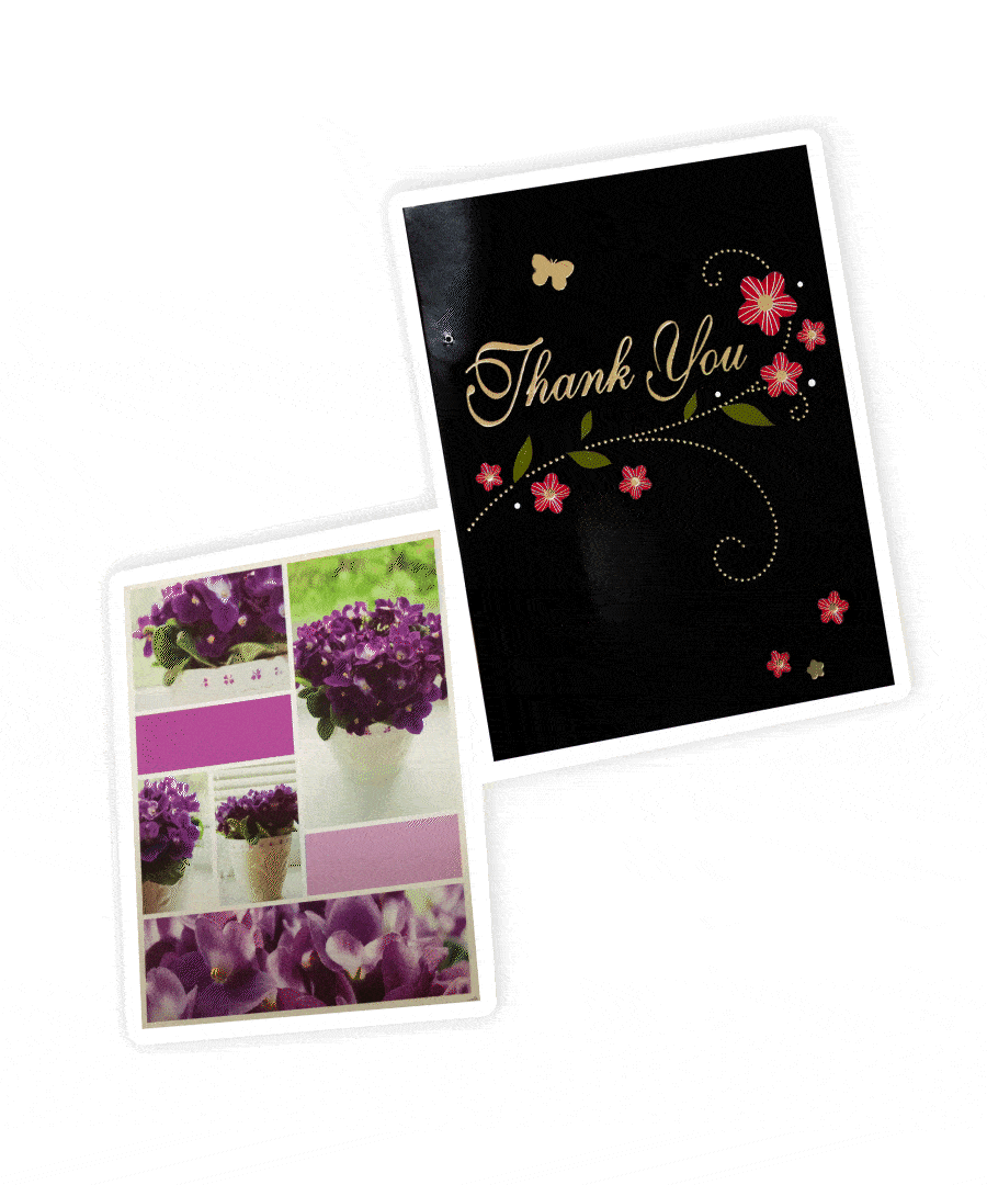 Pictures the front of two thank you cards given by those helped by the SCALES clinic