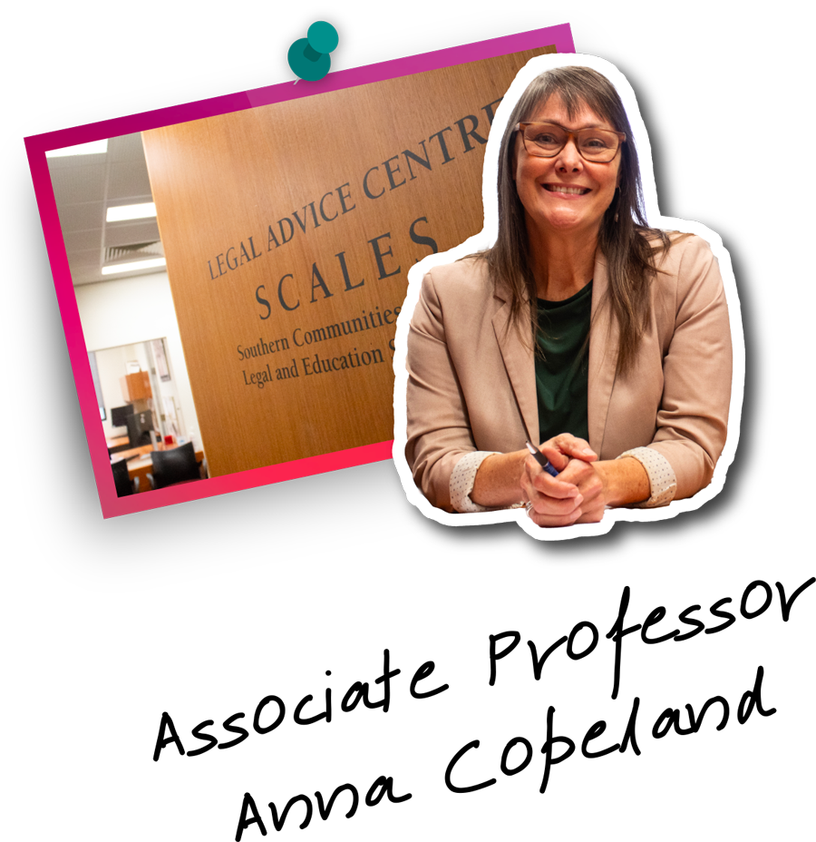 Picture of Associate Professor Anna Copeland next to the SCALES clinic door sign. 