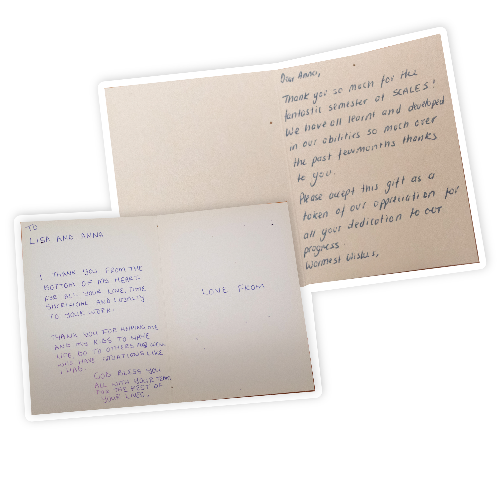 Two thank you cards open revealing heartfelt messages of thanks 