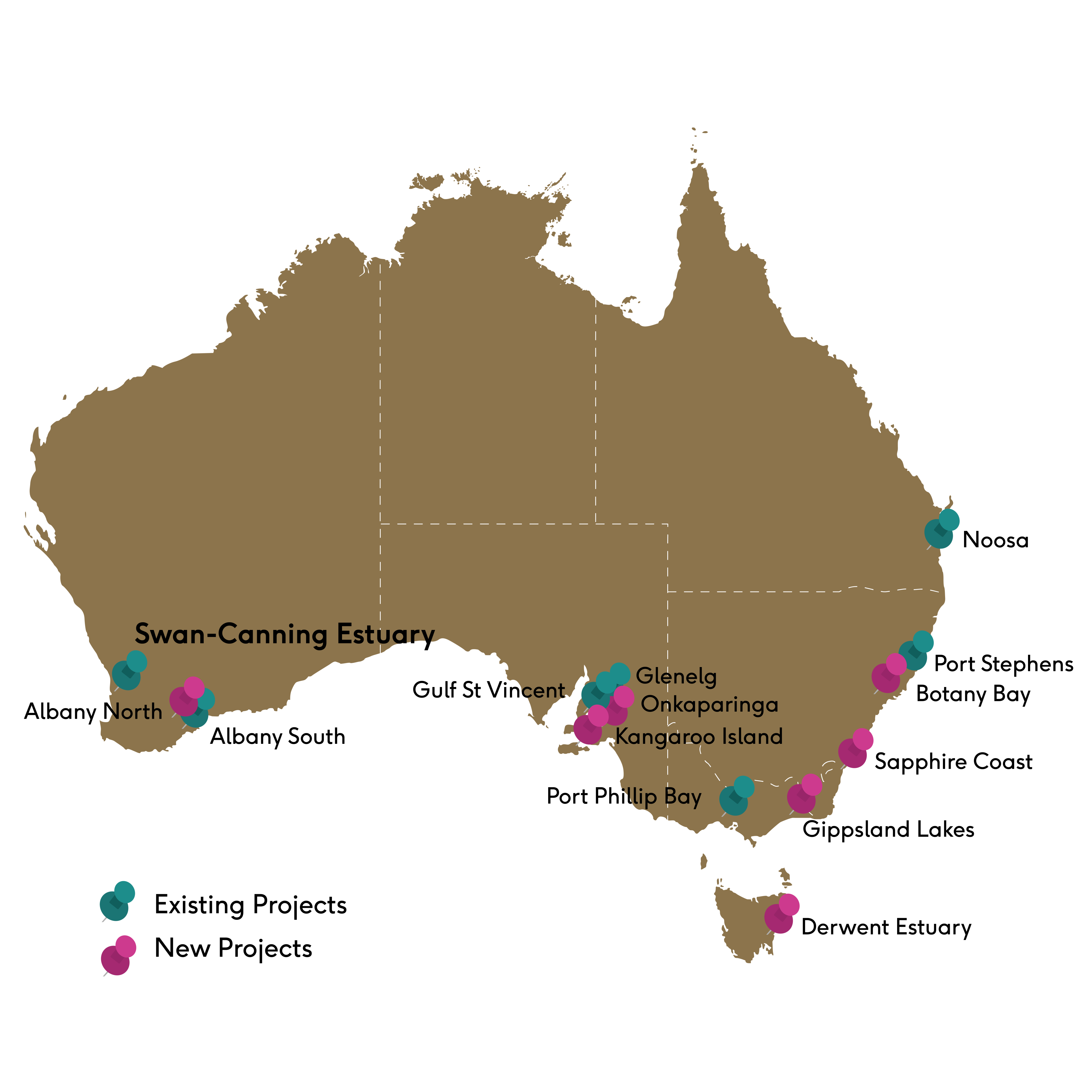 Image of Australia showing where all 13 limestone reef projects are located